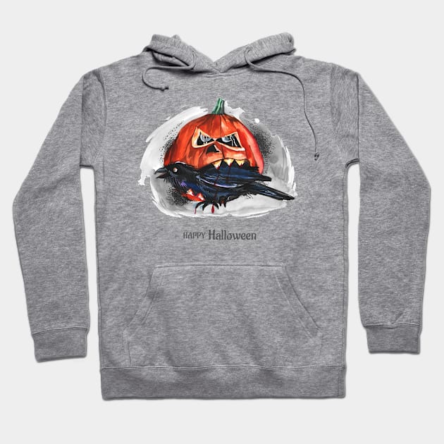 Happy Halloween Pumpkin Eating Raven Hoodie by Mako Design 